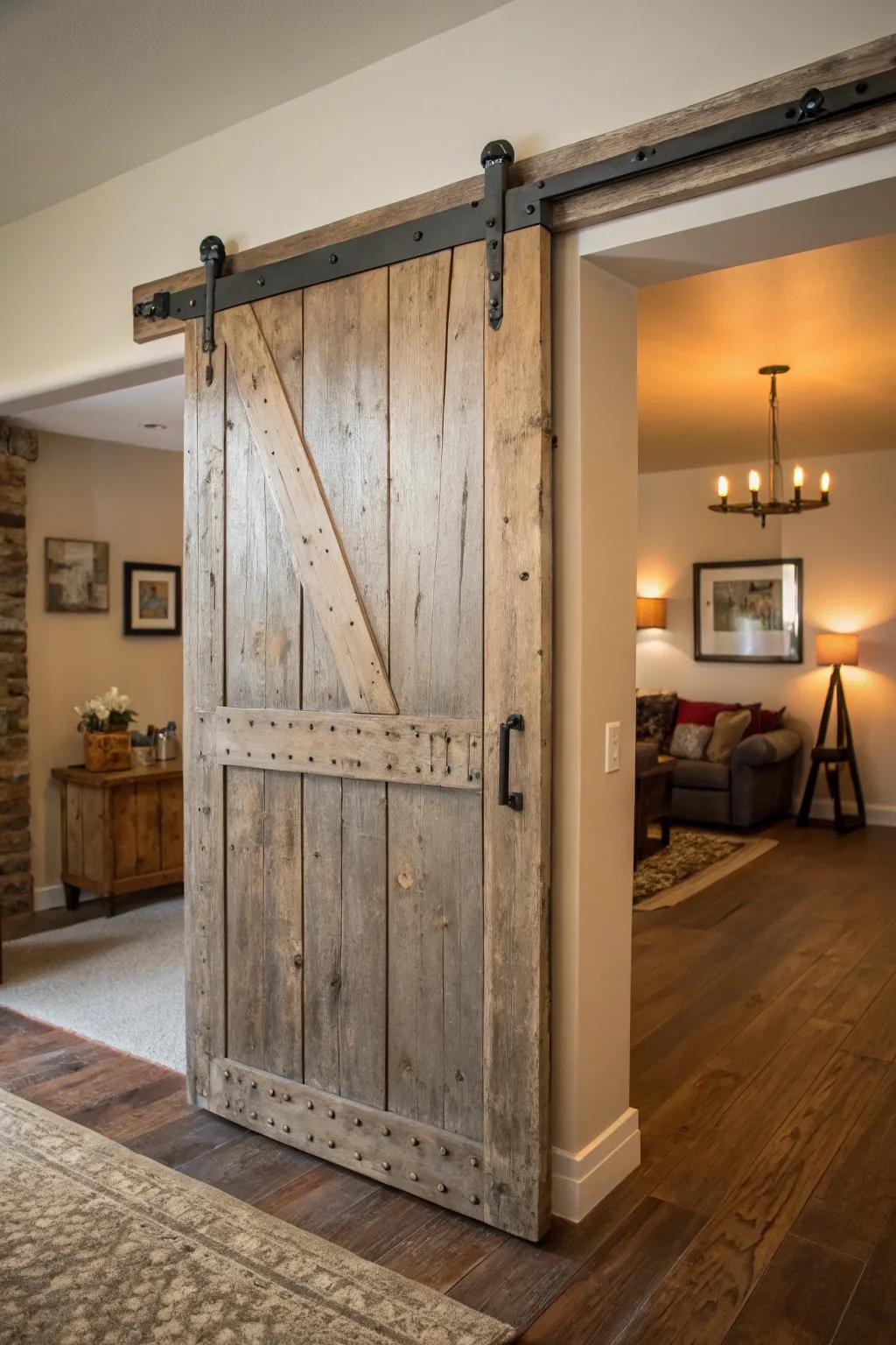 Add style and function with a reclaimed wood barn door.