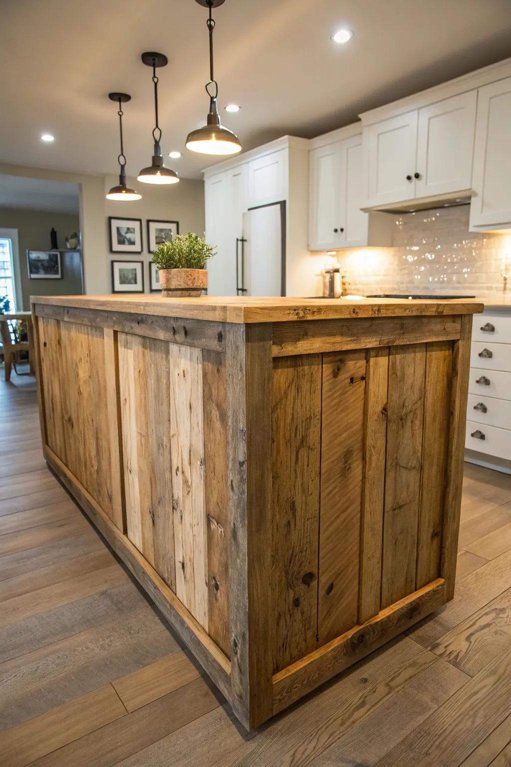 Transform your kitchen with the timeless elegance of a reclaimed wood island.