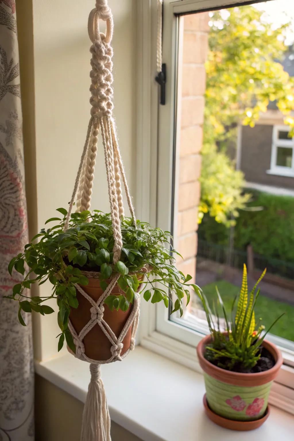 A handmade plant hanger crafted from recycled T-shirts brings nature indoors.