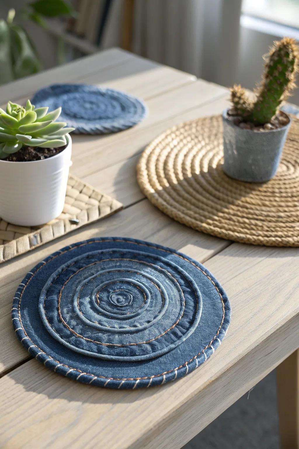 Transform old denim into artful coasters that blend style and sustainability. #UpcycleWithStyle