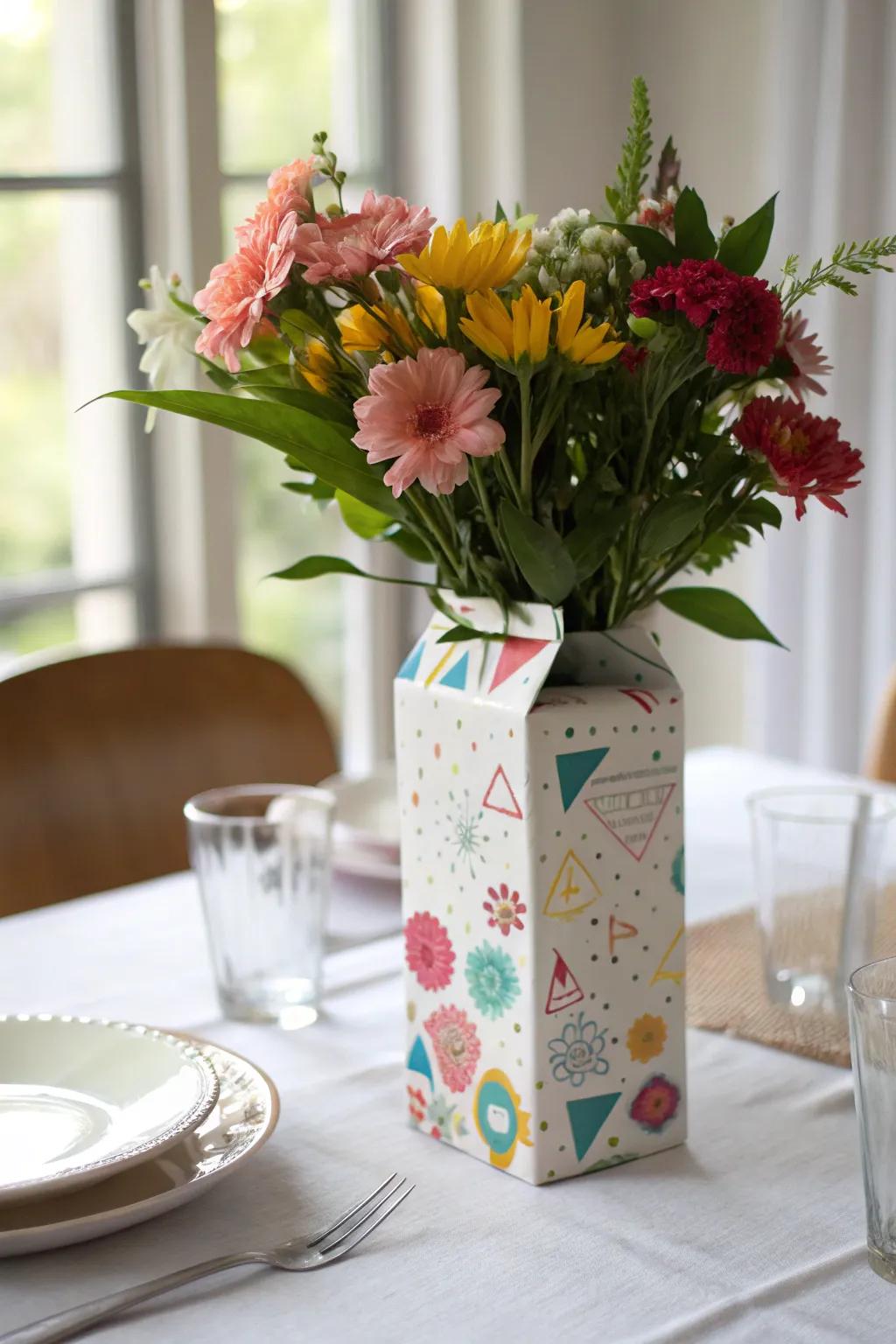 Brighten your space with a stylish milk carton vase.