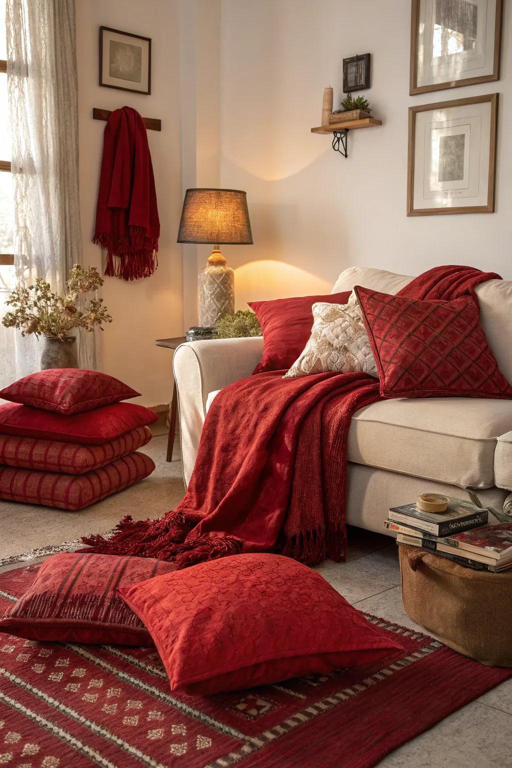 Layered red textiles create a cozy atmosphere.