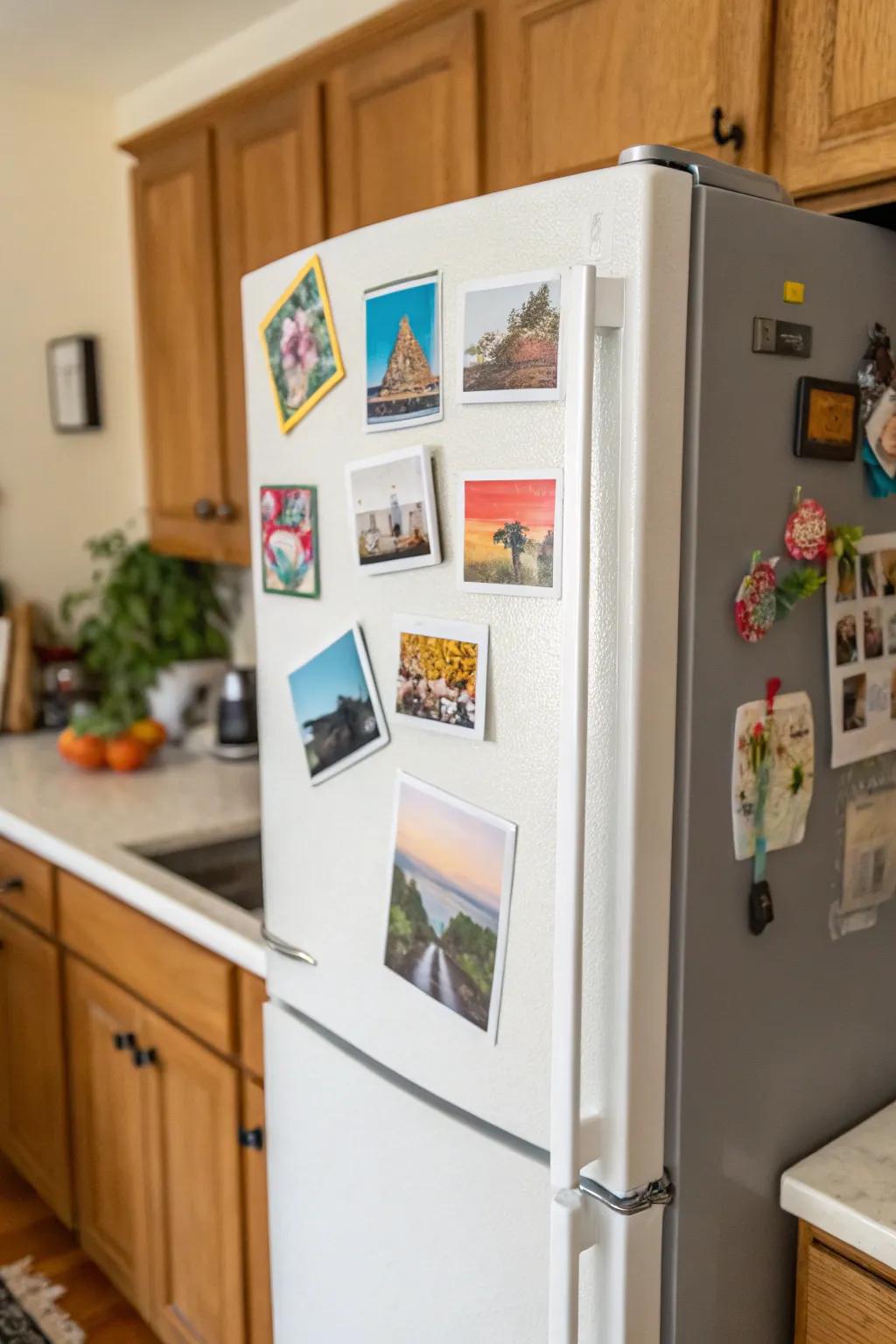 Polaroid magnets create a mini gallery of cherished memories.