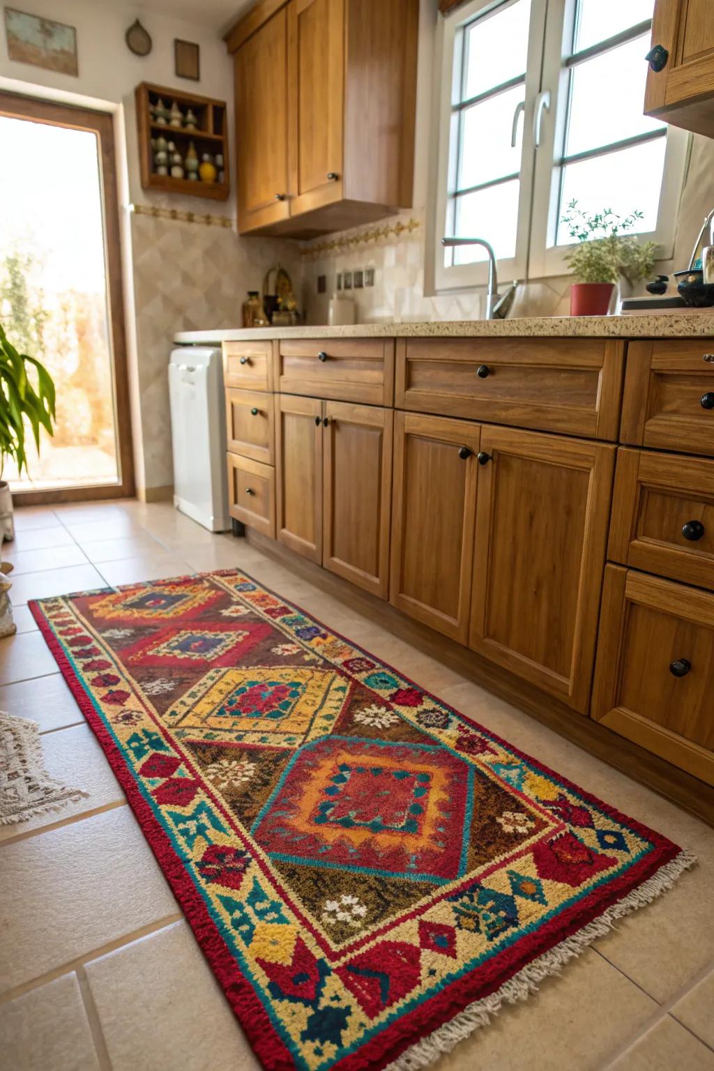 A colorful rug adds warmth and personality to a rental kitchen.