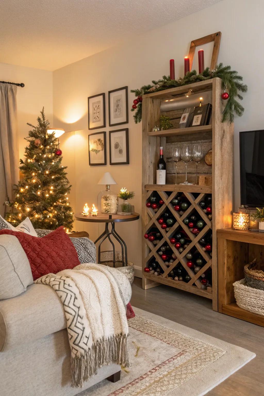 A festive display for seasonal decor using a wine rack.