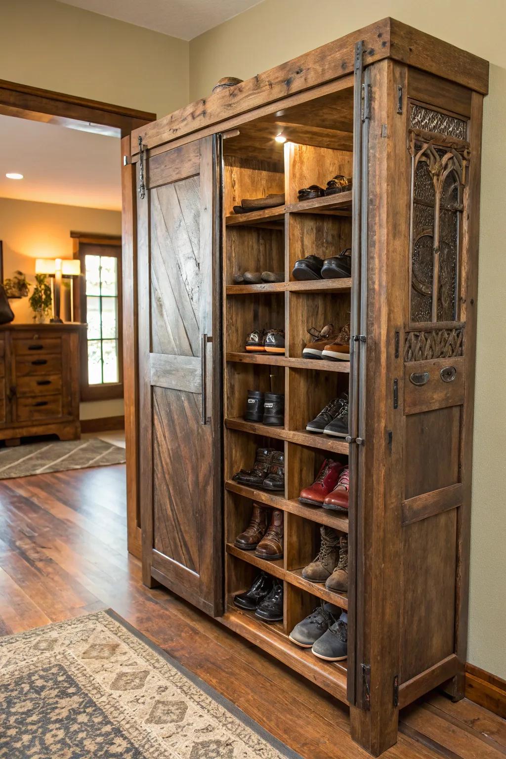 Transform your entryway with style: A repurposed bifold door shoe rack for the discerning craftsman.