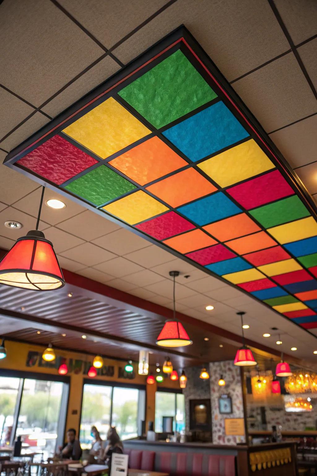 Colorful ceiling panels infuse energy and vibrancy into the dining space.