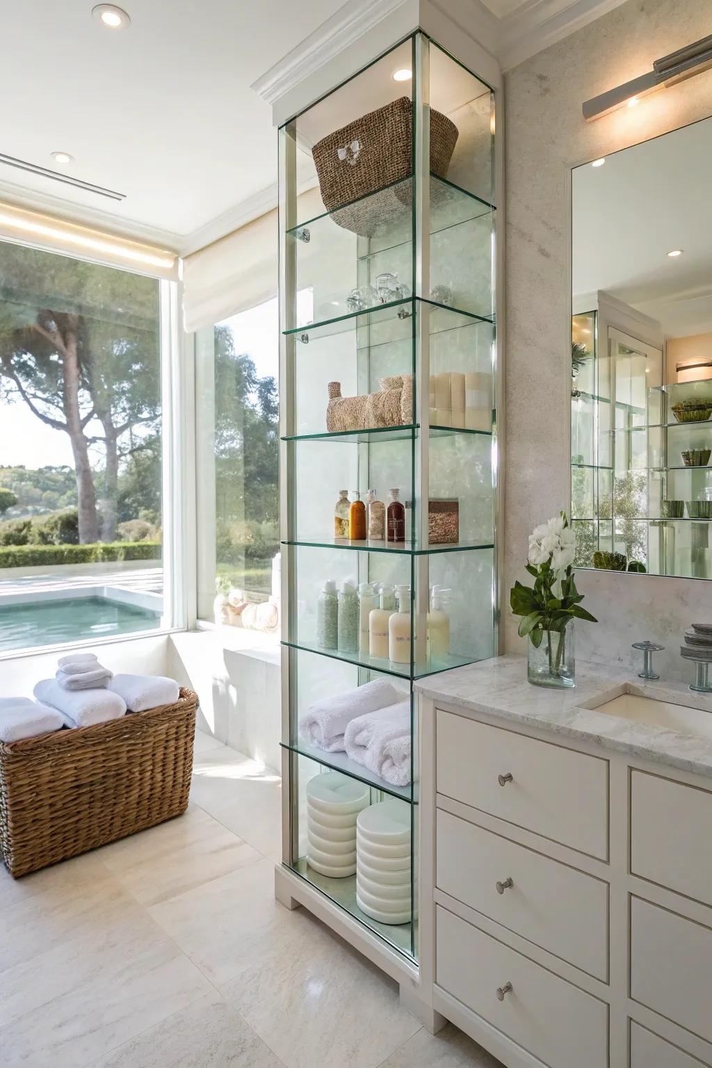 Glass shelves offer storage while maintaining an open bathroom feel.