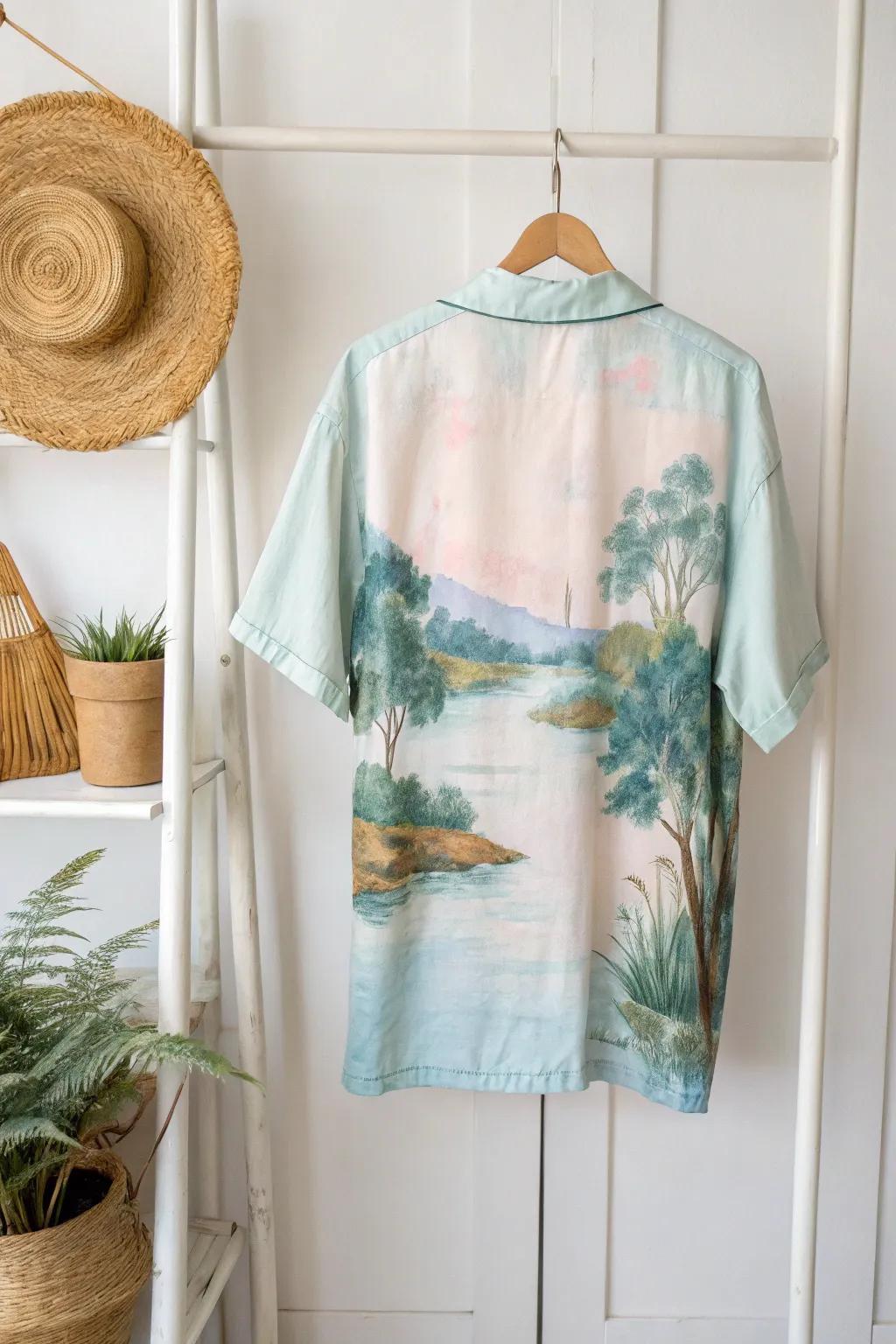 Embrace the serenity of nature with this watercolor masterpiece—wear your favorite river's beauty with style.