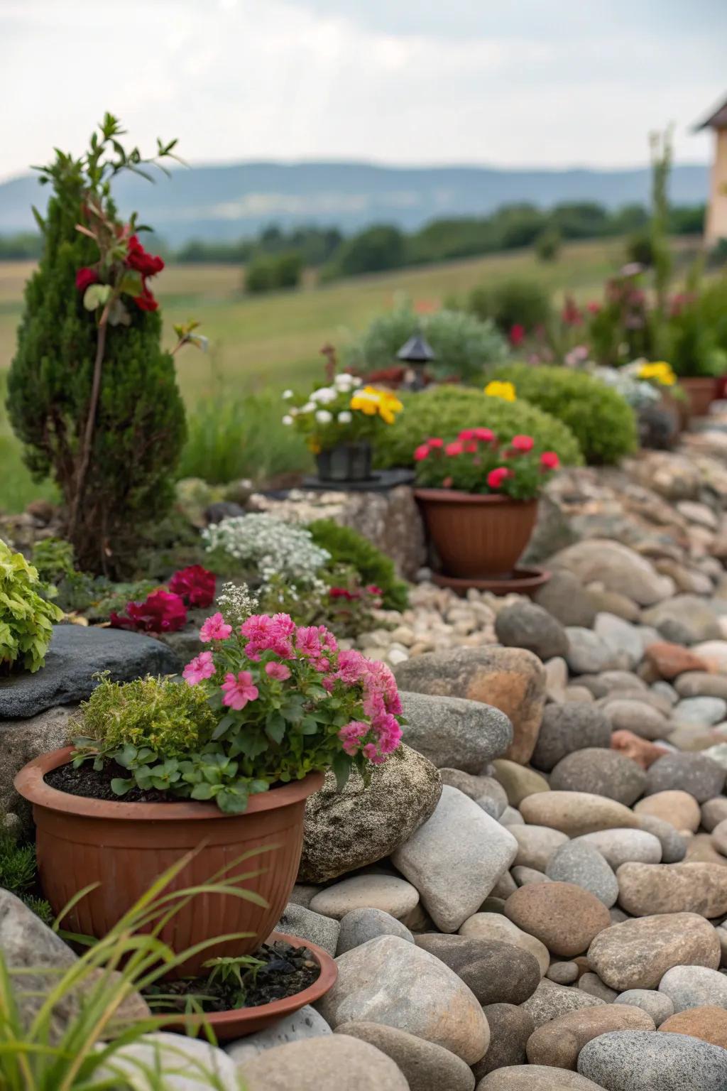 Potted plants add flexibility and style to a rock garden.