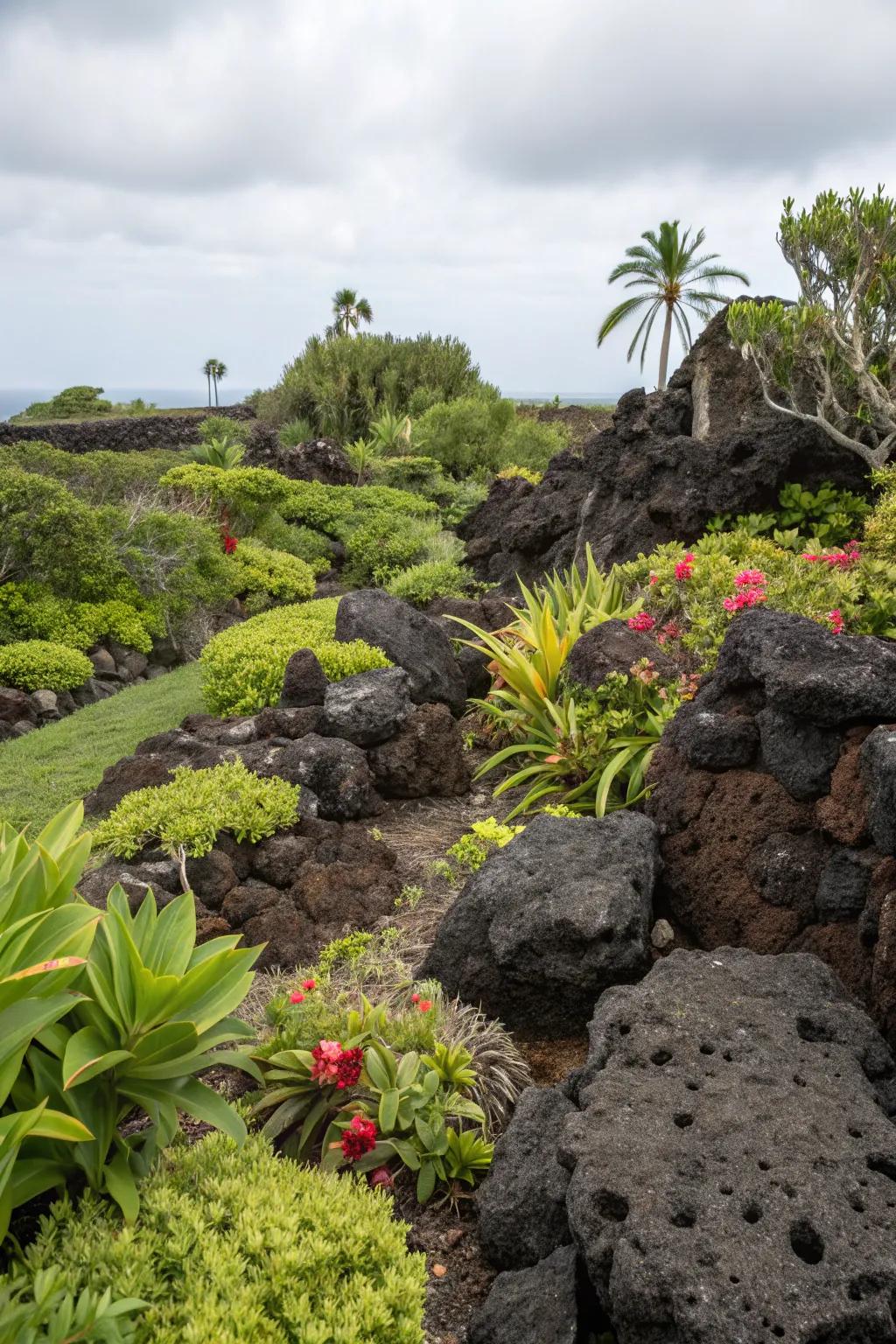 Lava rocks add a bold, dramatic touch to this unique garden setting.