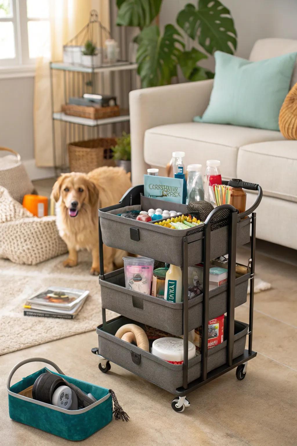 A pet care station for organized play and grooming.