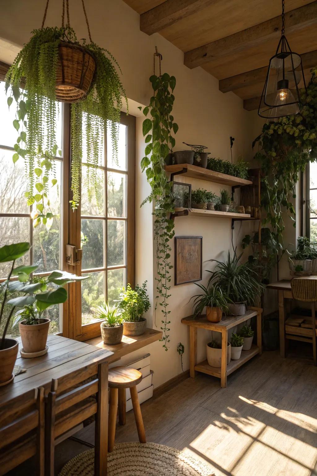 Natural elements like hanging plants add warmth and serenity.