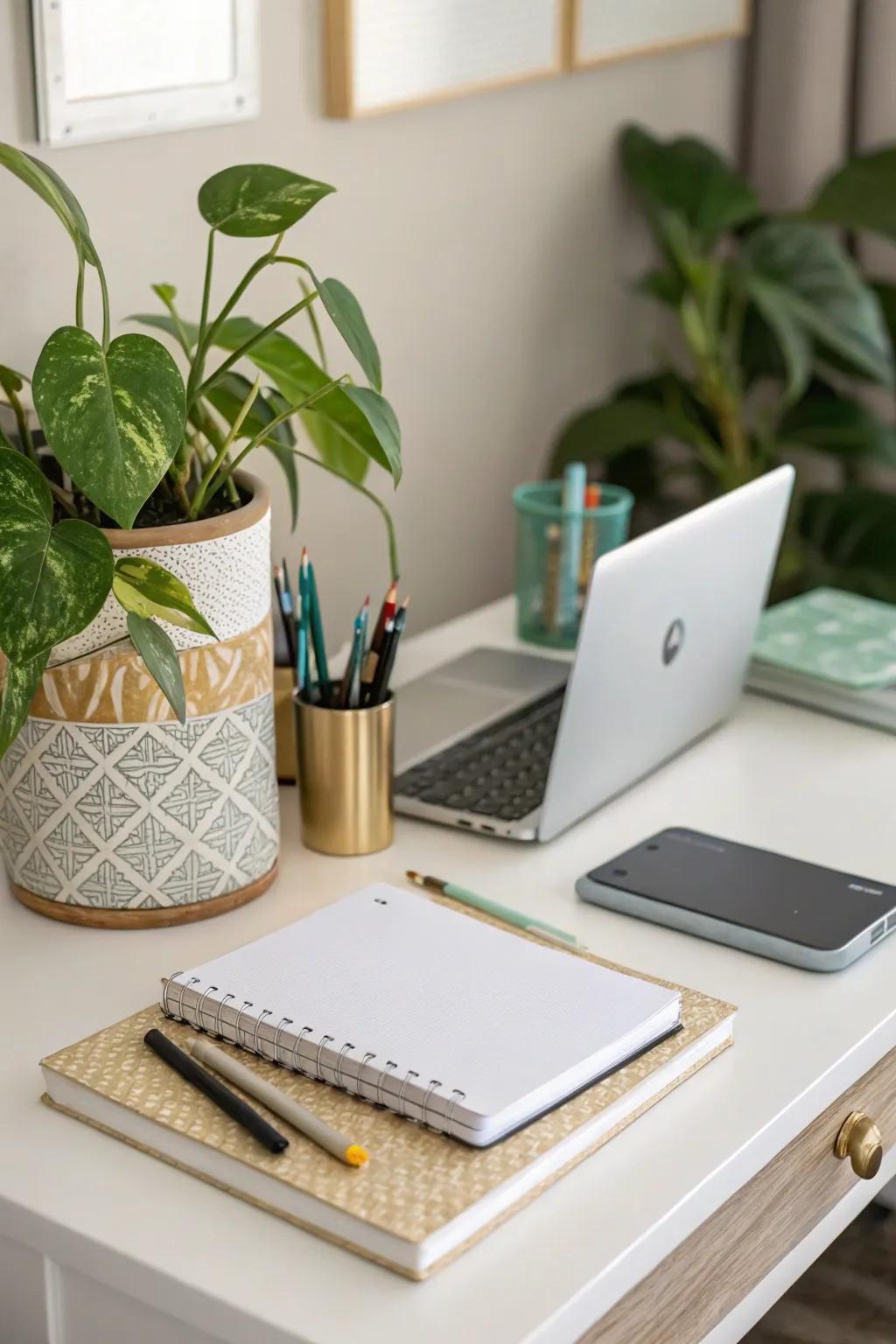 Home office enhanced by a vibrant faux pothos plant.