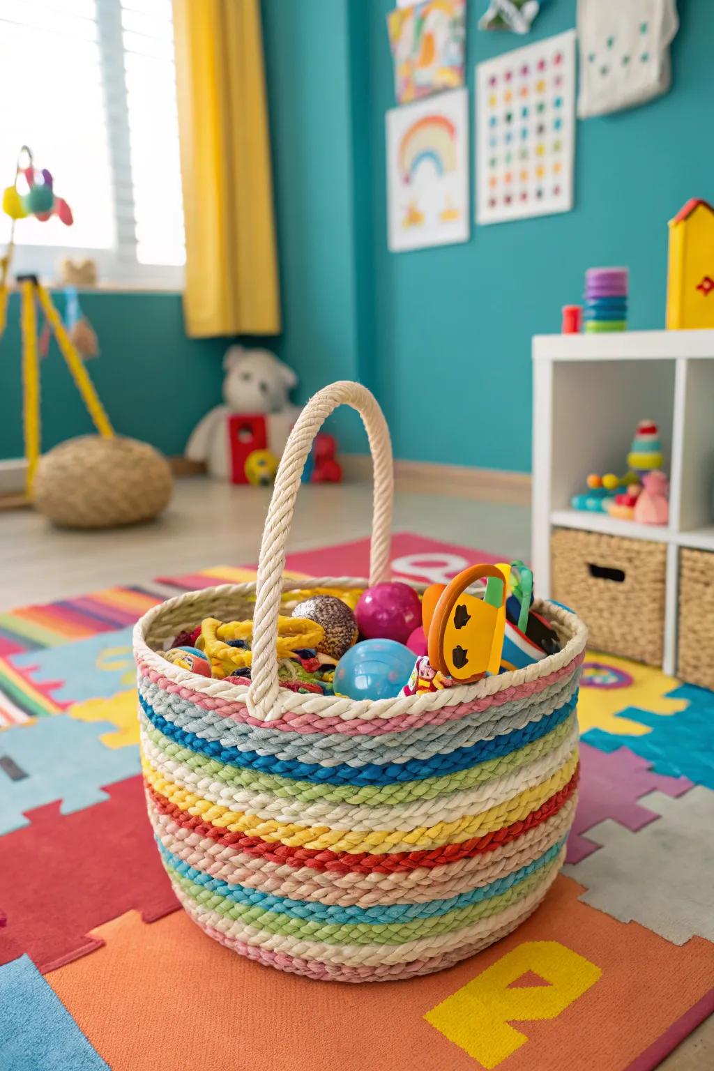 A rope basket is perfect for organizing children's toys.