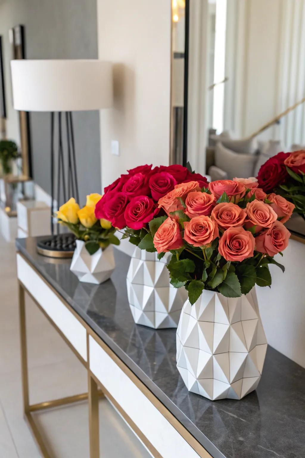 Geometric vases give rose arrangements a modern and contemporary look.