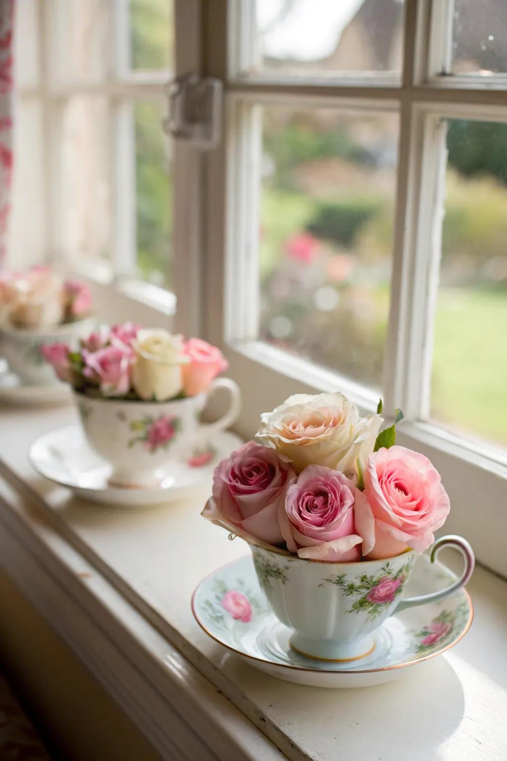 Mini roses in teacups add whimsy and charm.