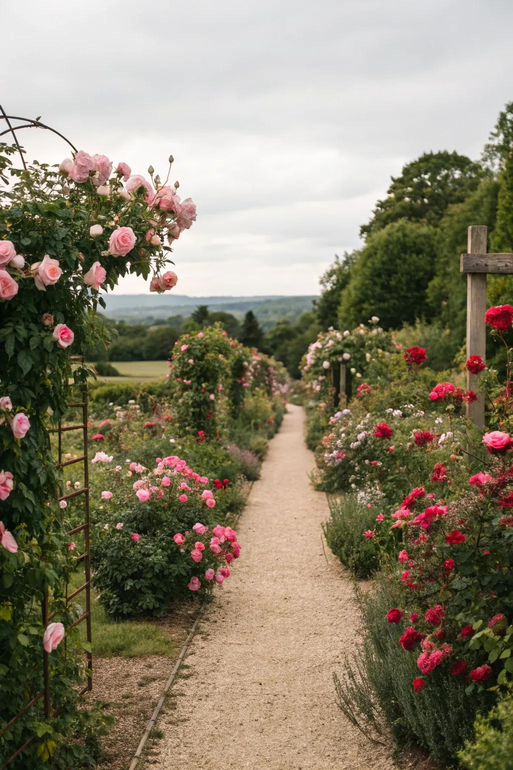 A fragrant rose-lined path, perfect for leisurely strolls.