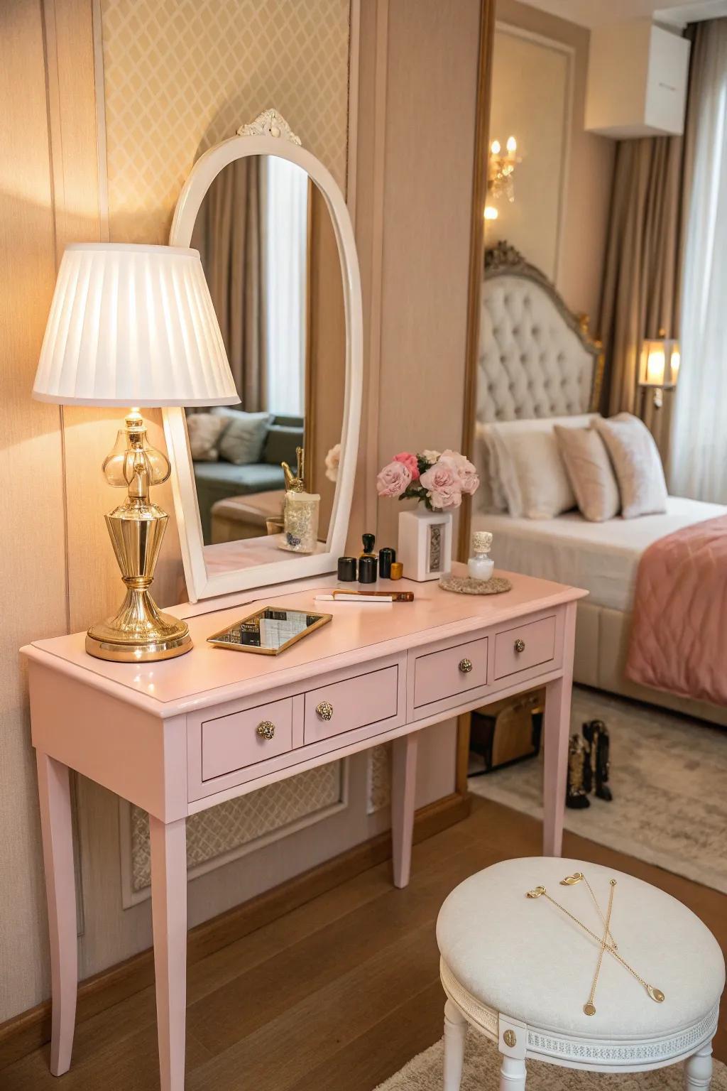 A pink vanity table adds chic elegance.