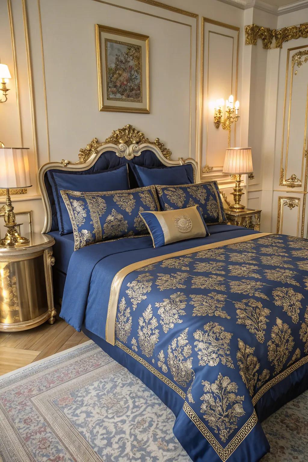 Damask patterns in royal blue and gold exude elegance.