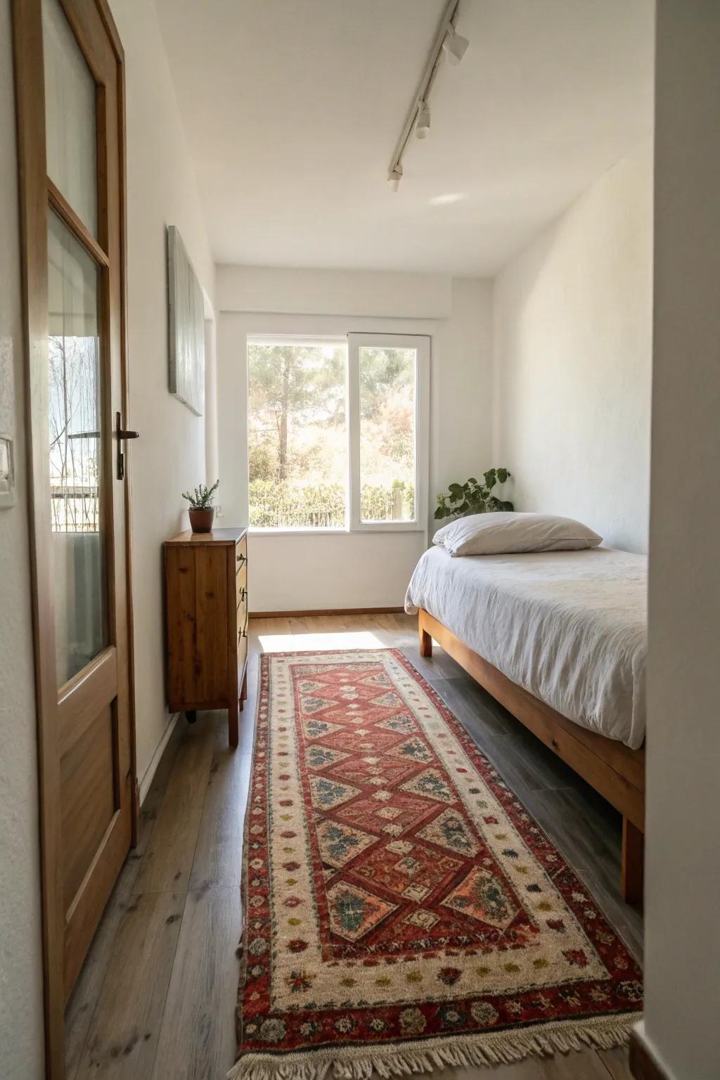 A runner rug enhances the flow and visual appeal of a narrow bedroom.