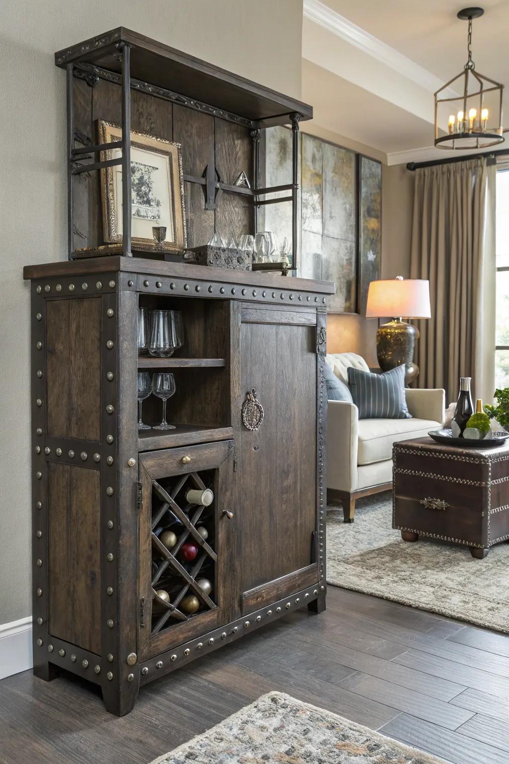 A rustic bar cabinet with metal accents, combining sturdiness and style.