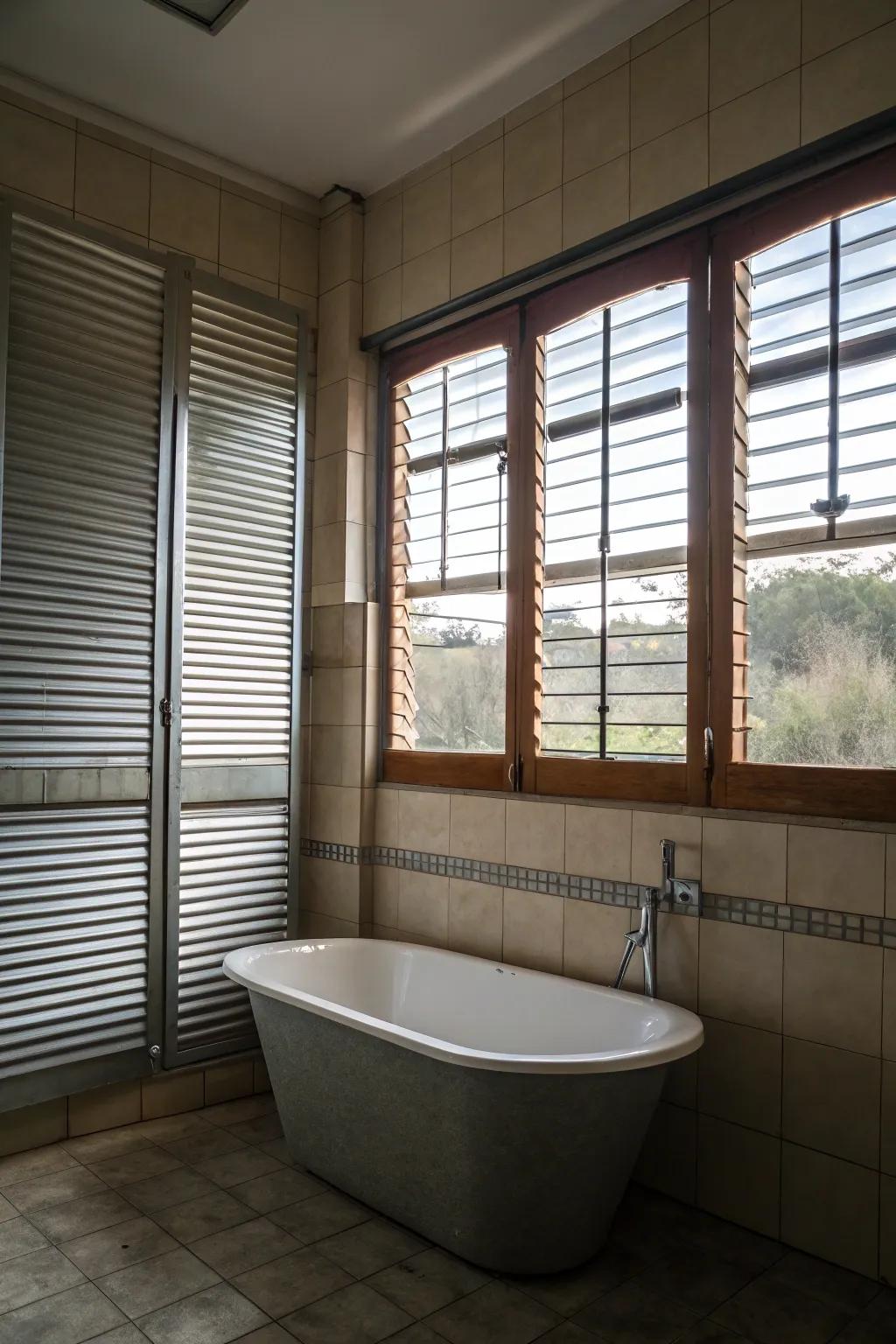 Corrugated metal shutters add rustic charm and privacy to this bathroom.