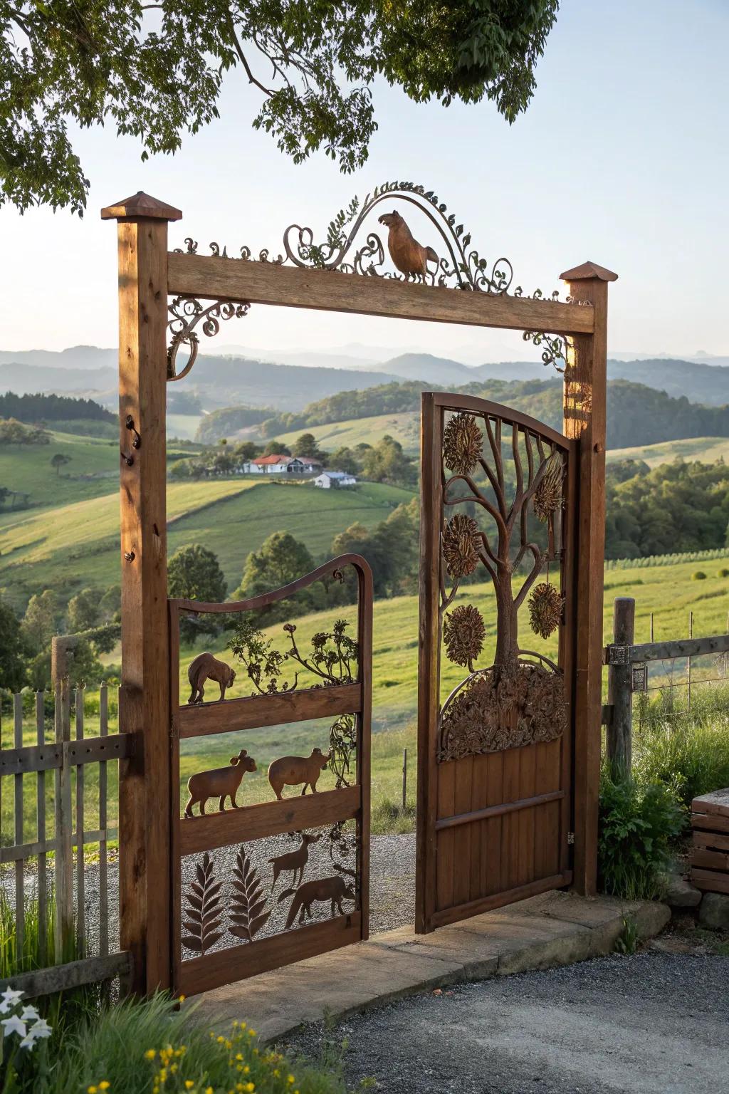 Carved wood gates tell a story with farm-themed motifs.