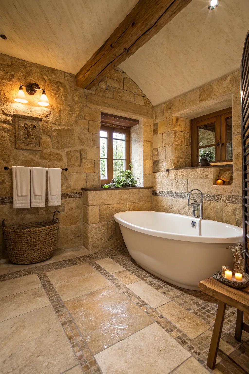 A freestanding tub adds a luxurious touch to a travertine bathroom.