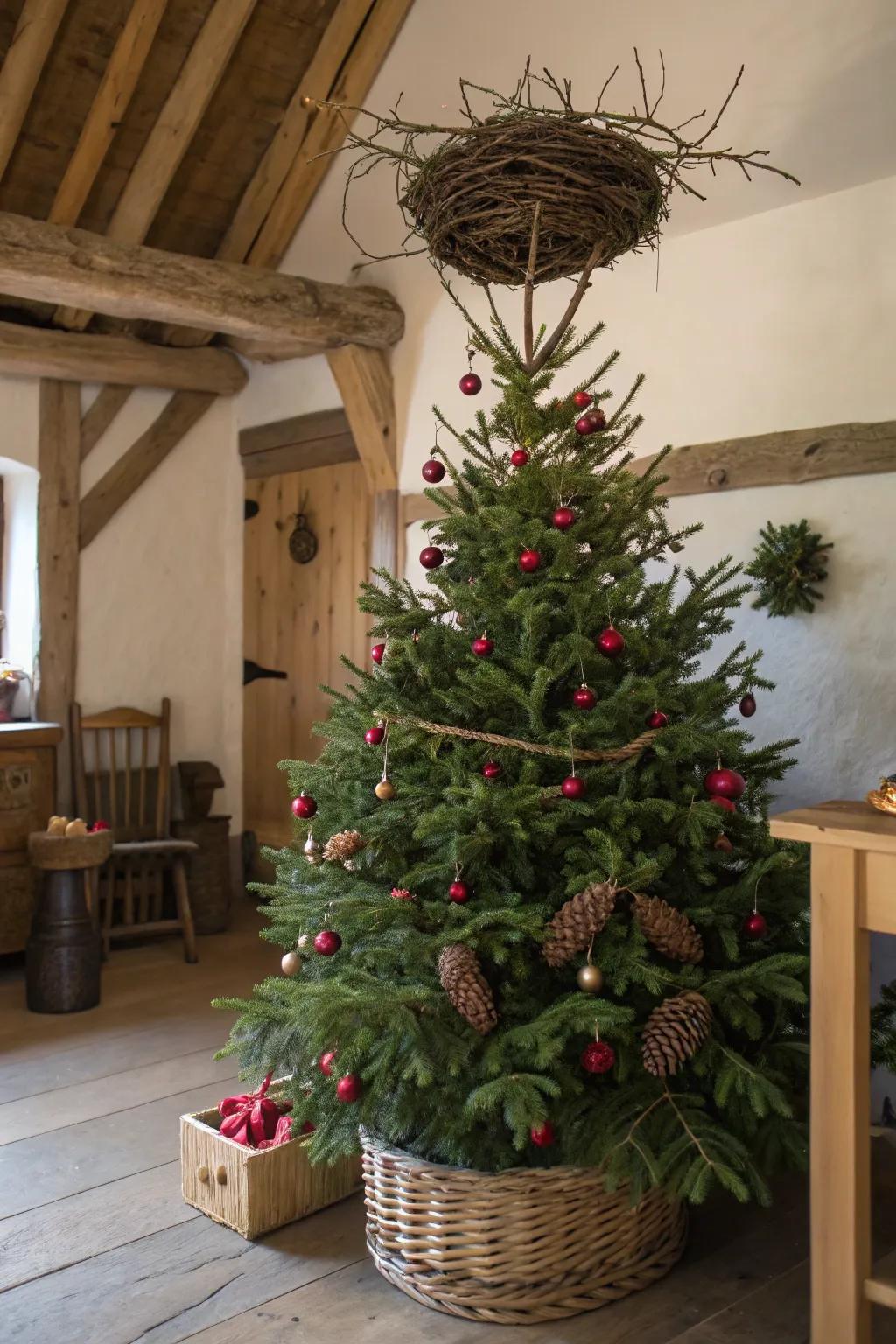 A twig crown brings a touch of winter woods to the rustic Christmas tree.