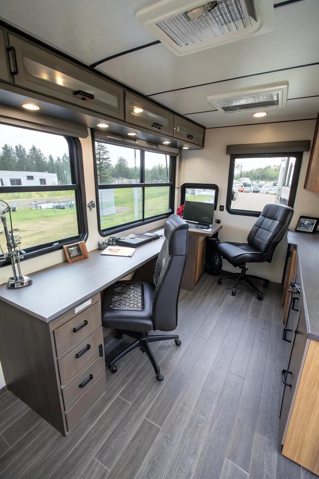 Toyhauler garages offer ample space for a comprehensive office setup.