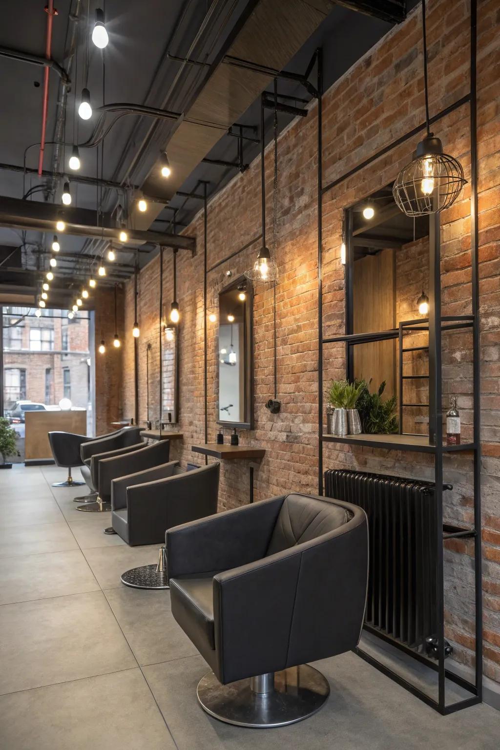 Industrial edge creates a unique and modern salon waiting area.