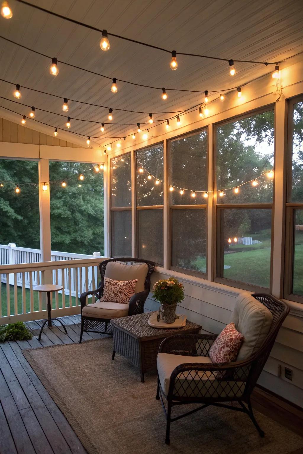 Ambient lighting enhances the porch's atmosphere.