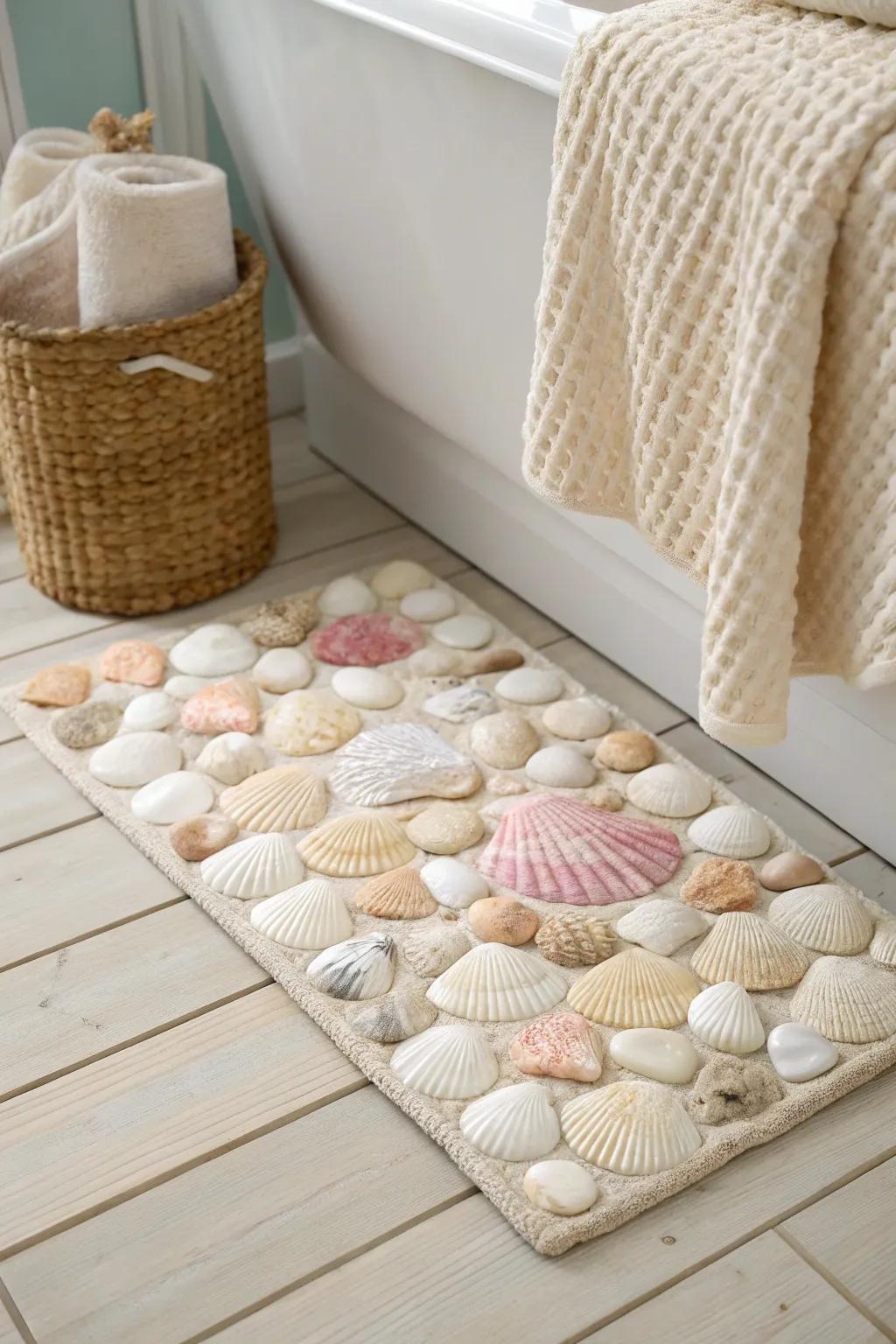 Step onto seaside serenity with a handcrafted seashell bath mat—a perfect blend of natural beauty and minimalist elegance.