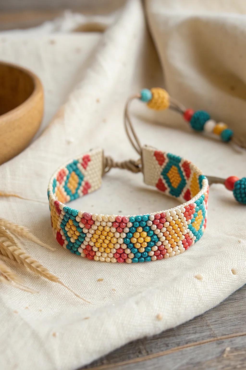 Brighten your day with playful polka dots and bold colors in this handcrafted seed bead bracelet.