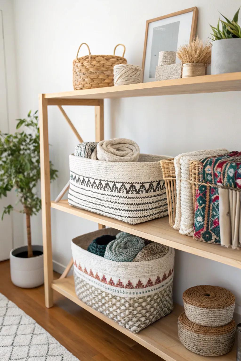 Elevate your sewing space with a blend of Scandinavian simplicity and boho flair. Mix and match storage solutions for a unique touch!