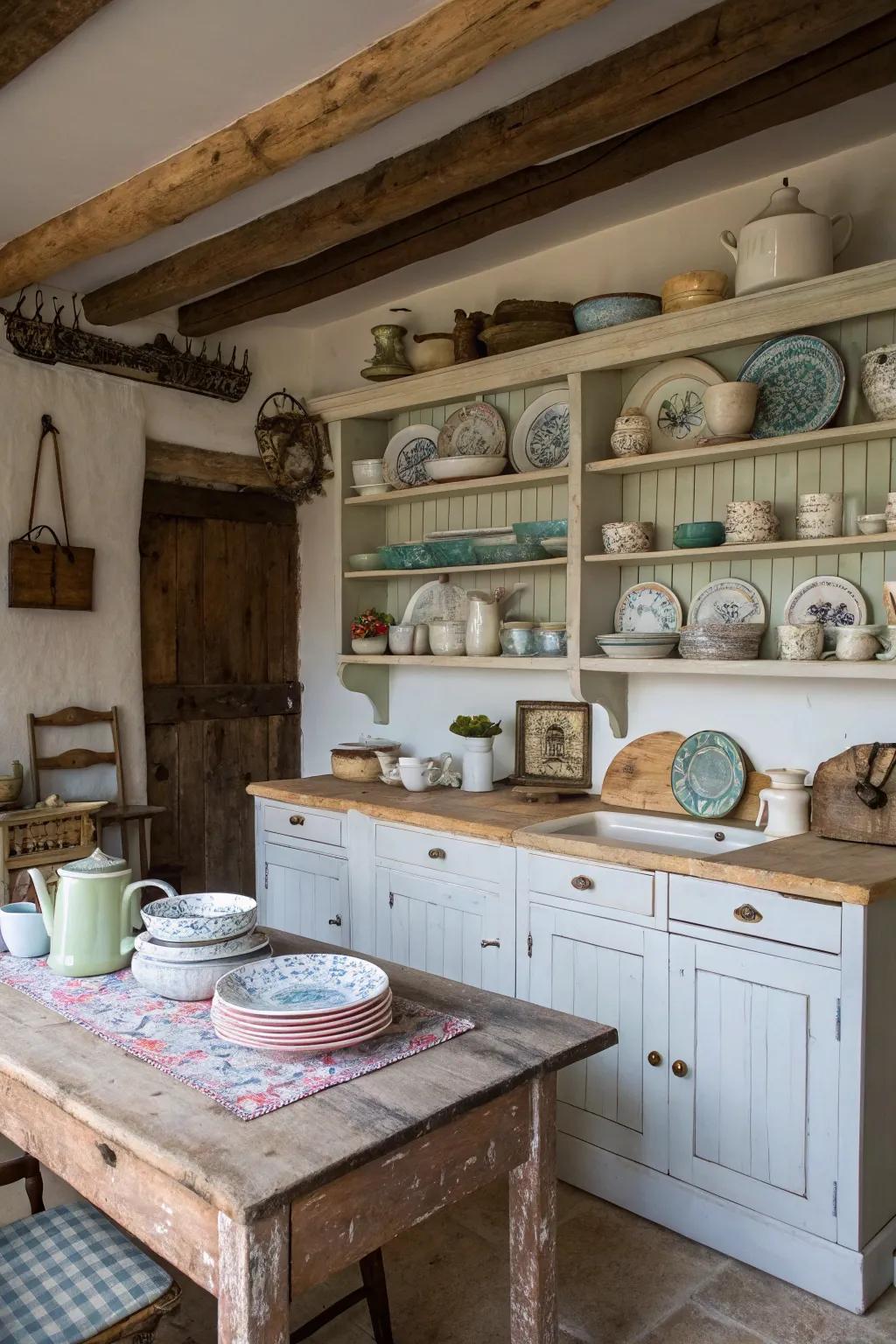 Open shelving showcases vintage treasures in a shabby chic kitchen.