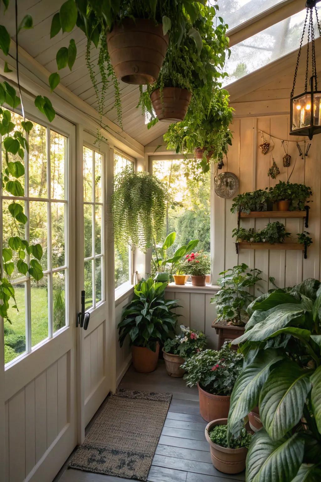 Greenery adds a tranquil and refreshing atmosphere to a she shed craft room.