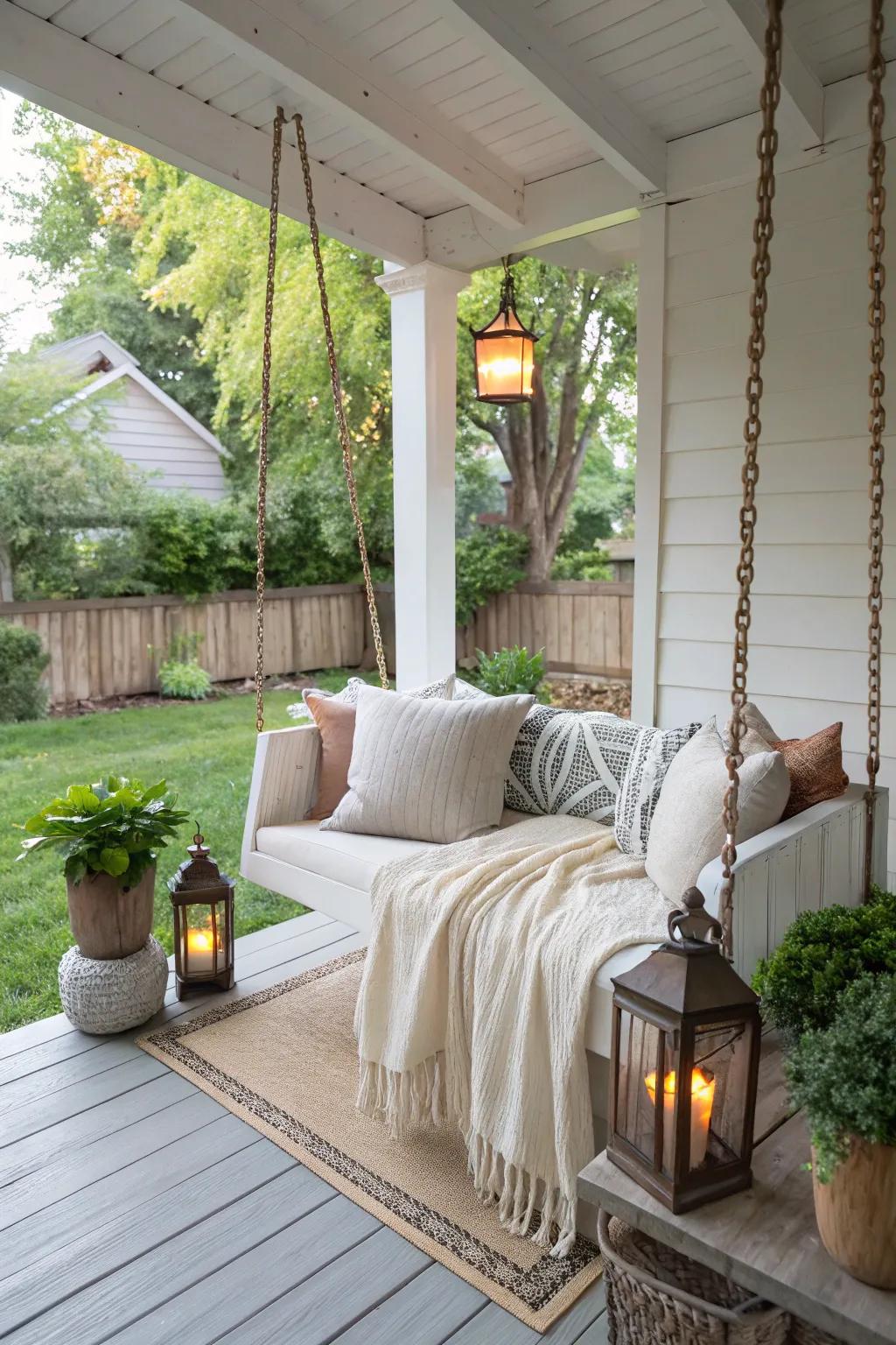 Relax and unwind with a cozy porch swing on your she shed porch.