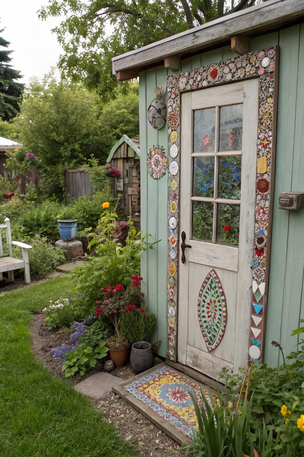 Artistic mosaic trim adds a personal and creative touch to this shed door.