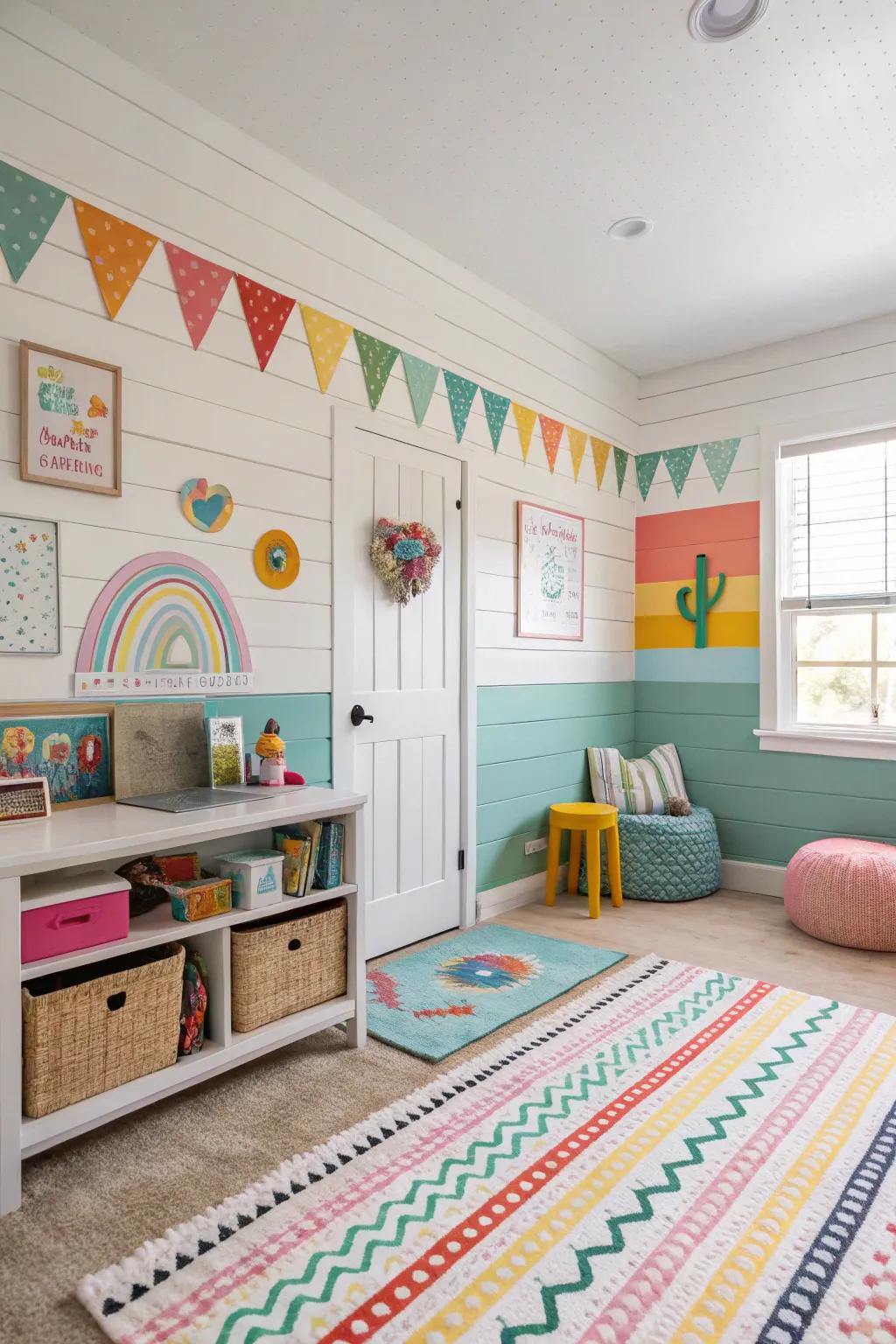 A playful kids' room with colorful shiplap wainscoting.