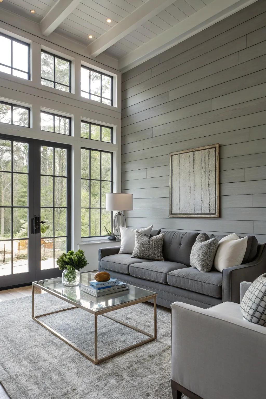 A modern living room featuring a gray shiplap wall.