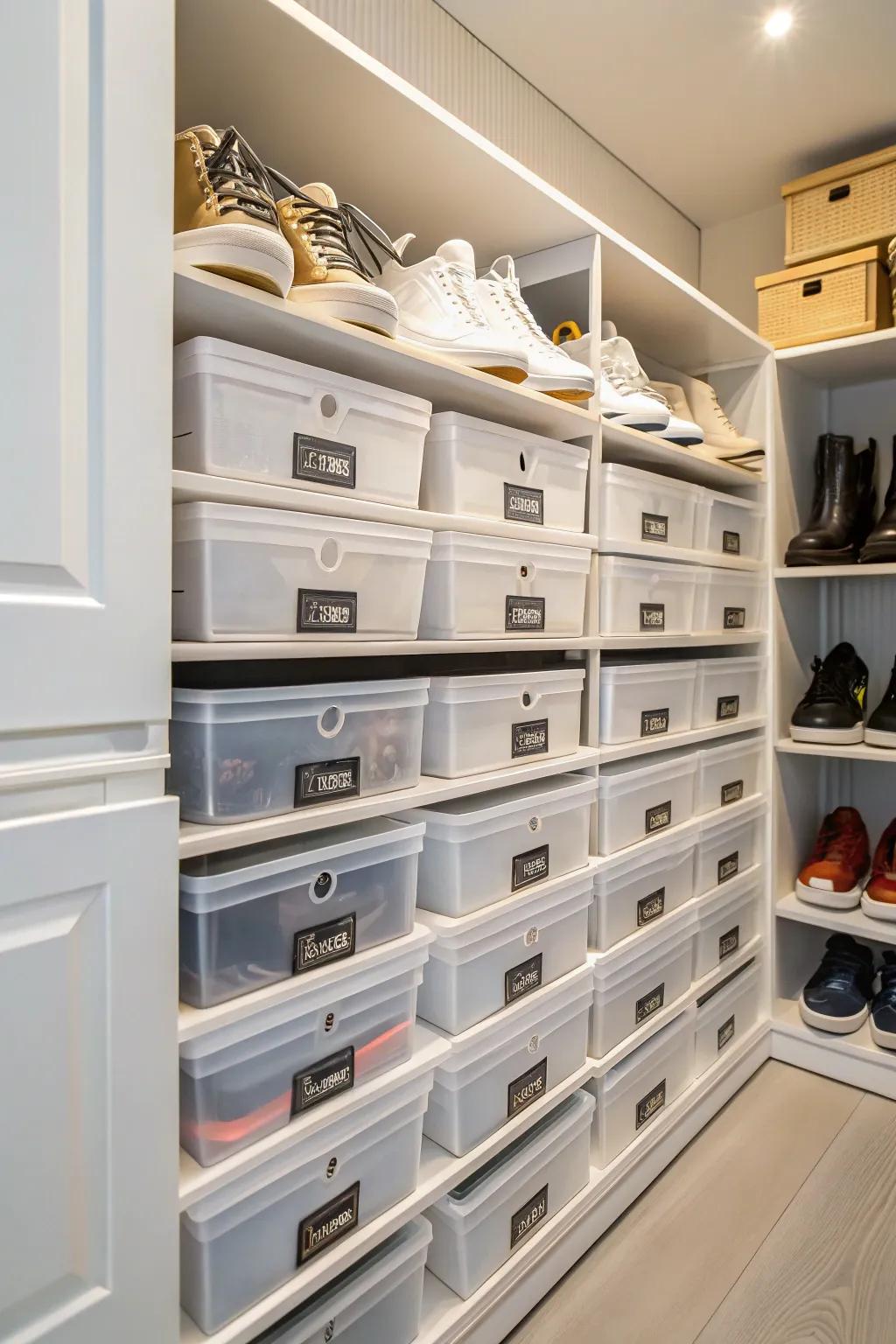 Labeled boxes make finding your shoes a breeze.