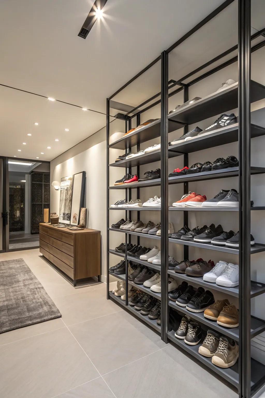 Industrial shelves offer robust and stylish shoe storage.