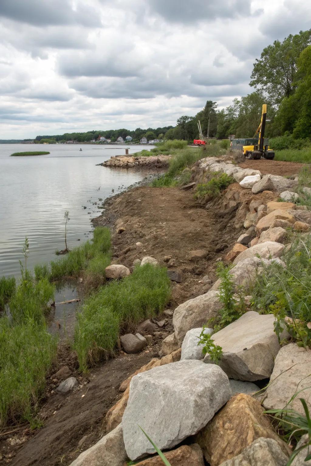 A revitalized shoreline with partial bulkhead removal fostering a natural look.