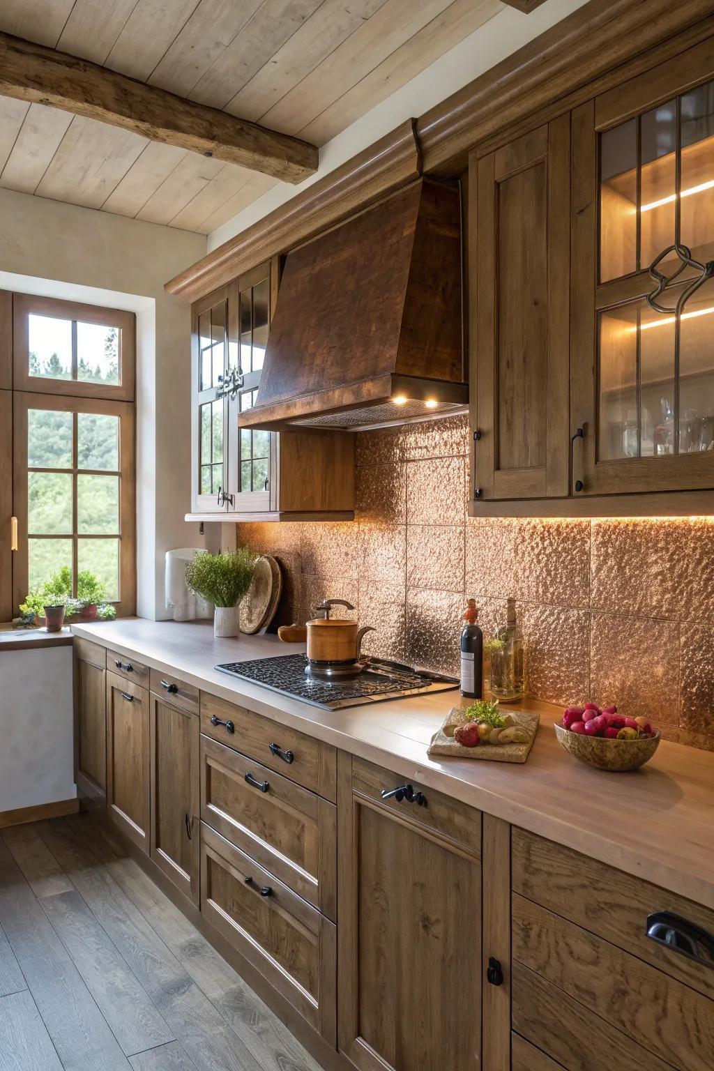 The warm glow of copper adds a touch of luxury to this inviting kitchen.