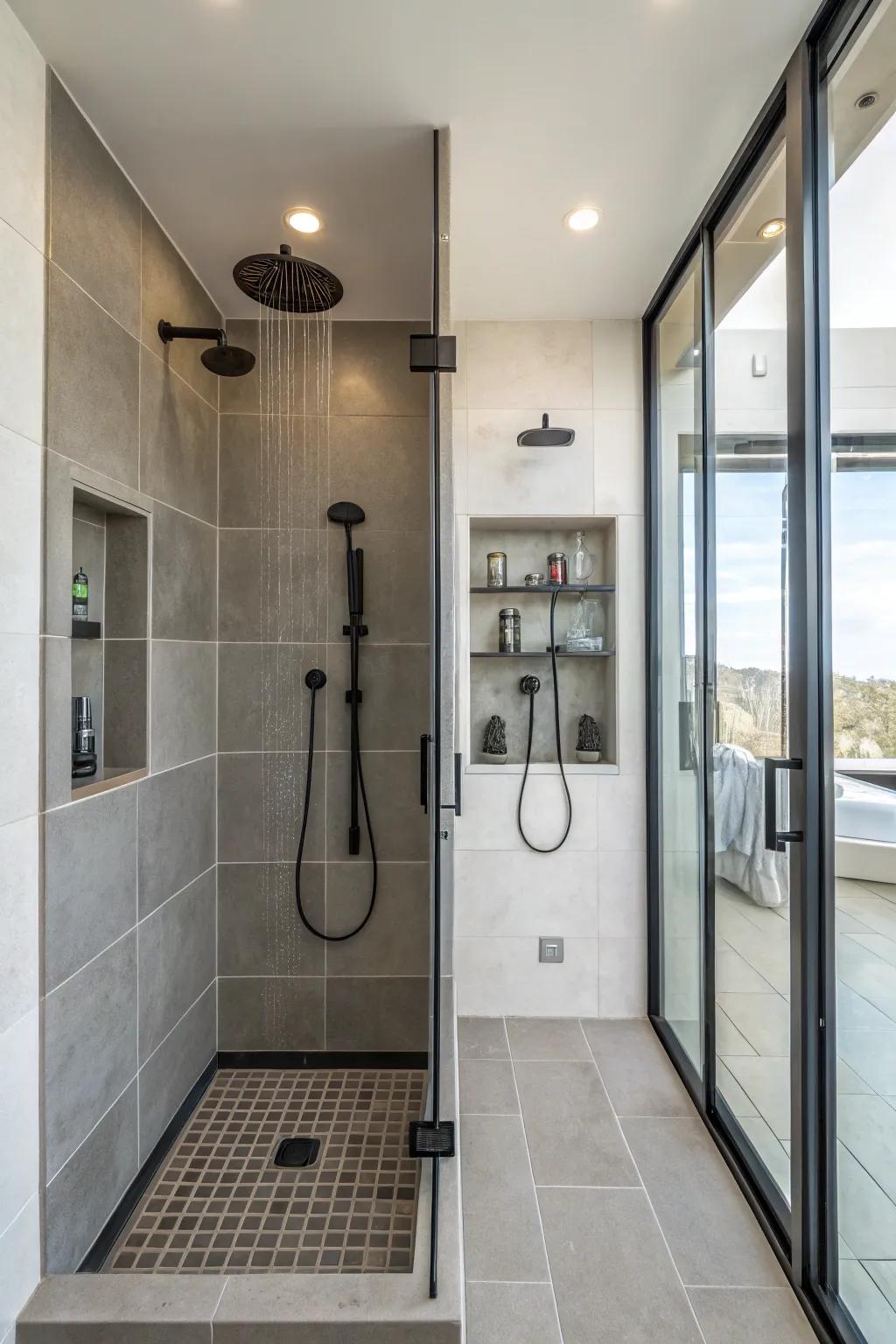 Dual niches offer personalized storage solutions in shared bathrooms.