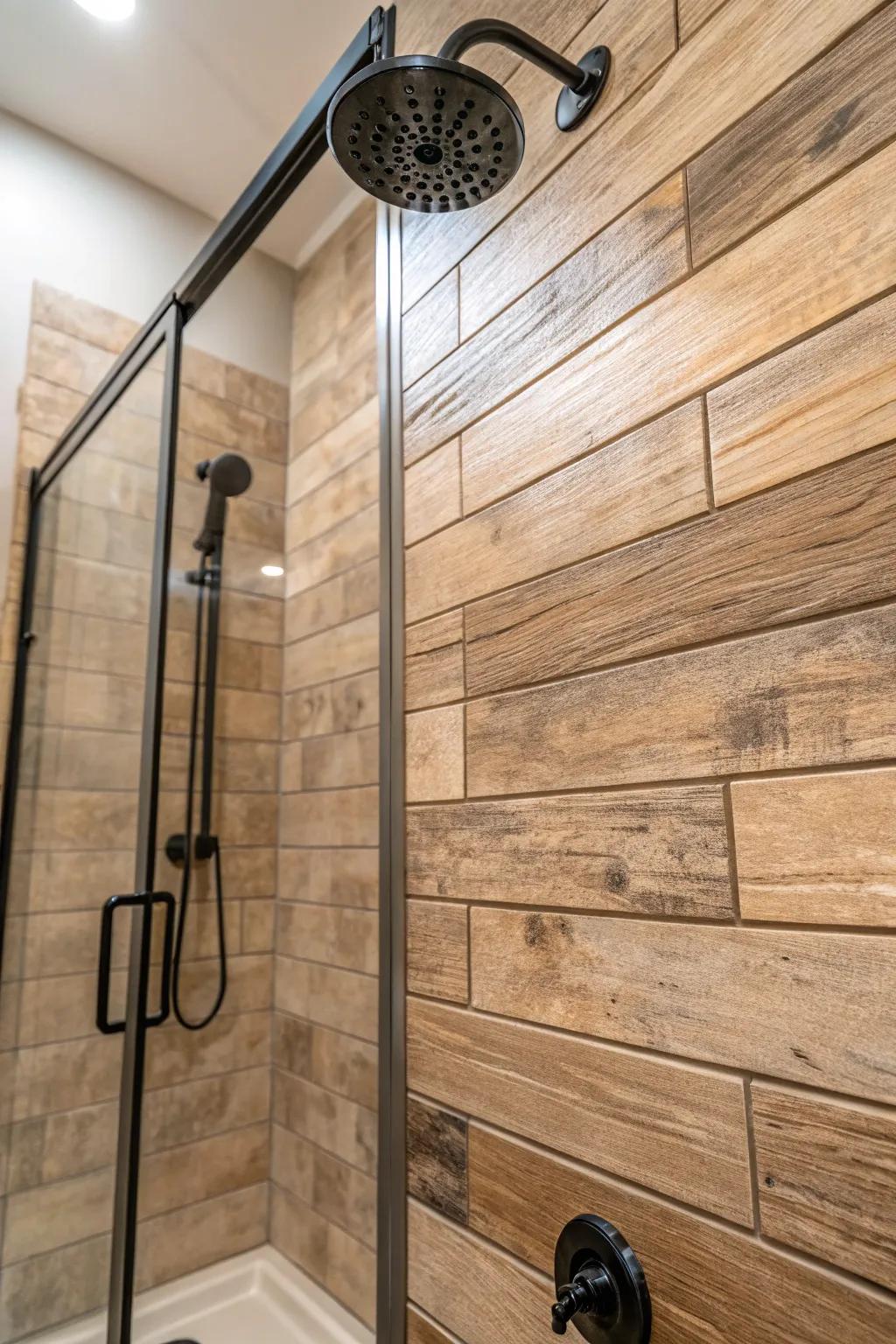 Wood-look tiles add rustic charm with the durability of ceramic or porcelain.