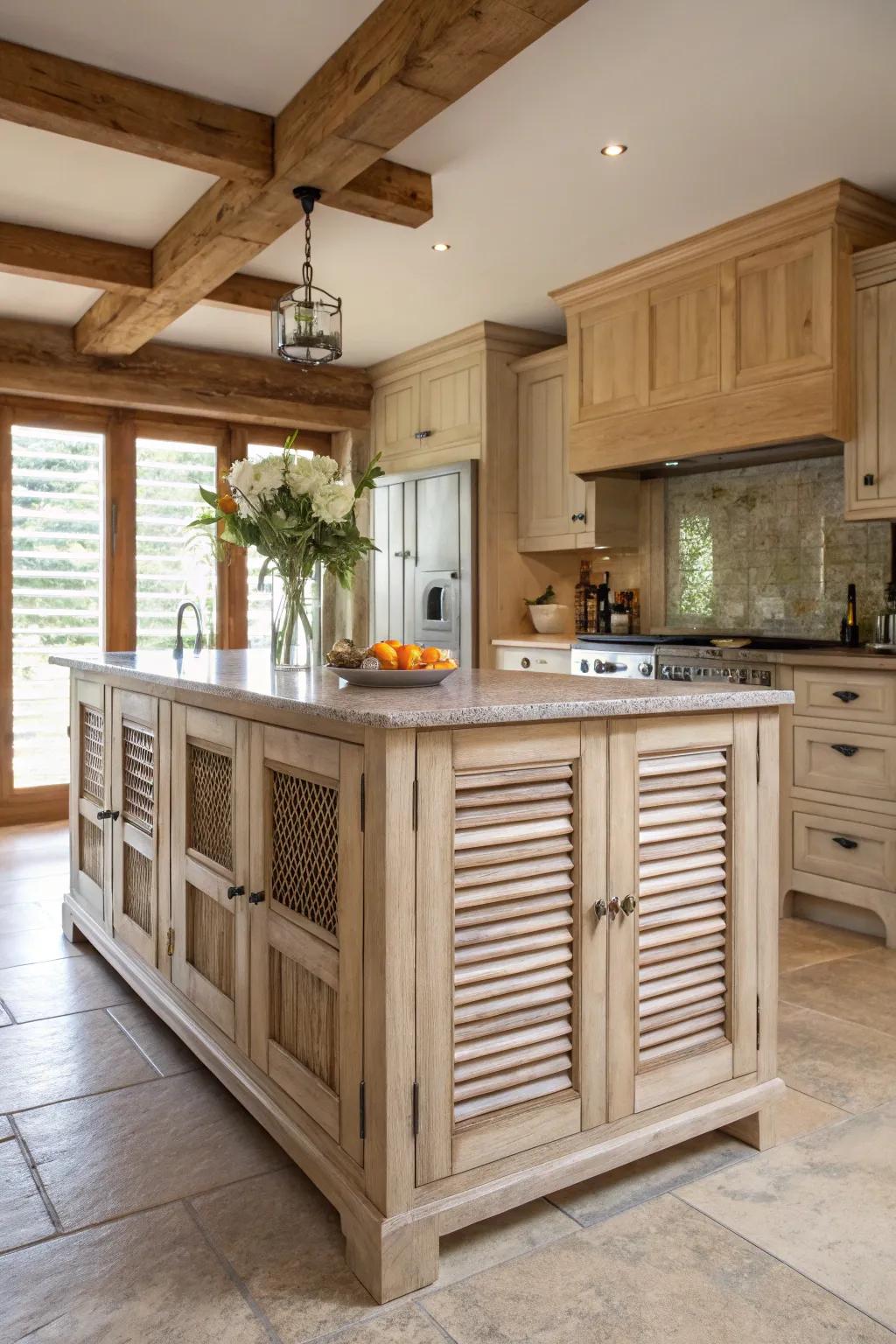 A rustic kitchen island with shutter door details.