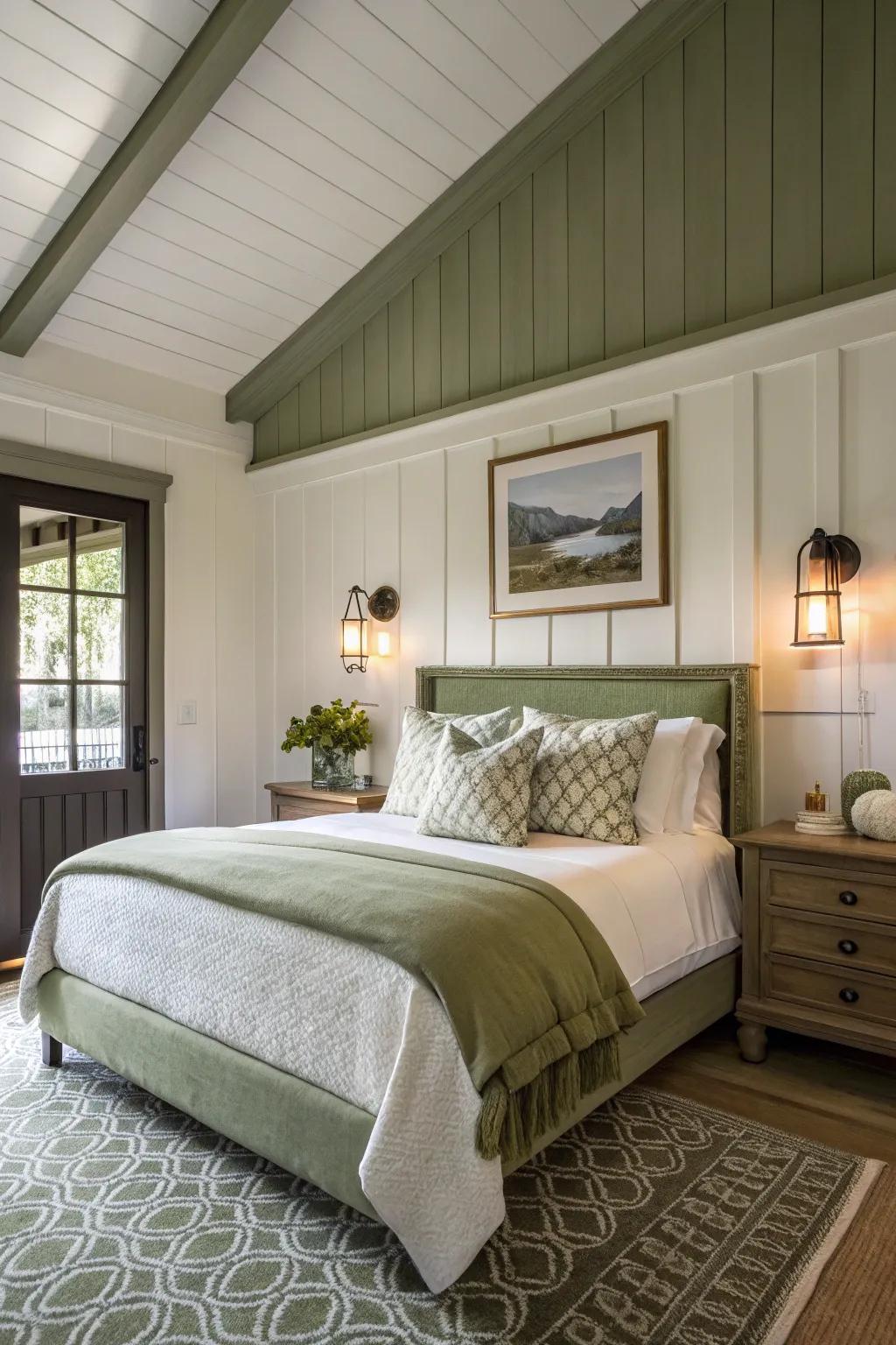 Soft olive trim enhances the architectural details of this room.